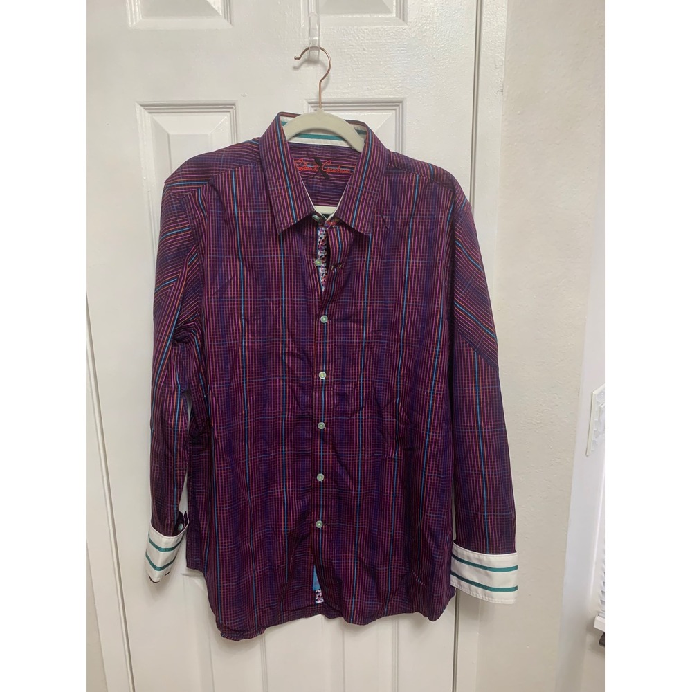 NWT Robert Graham X Flagship Mens XL Purple Plaid Neon Stripe Tailored Fit Shirt
